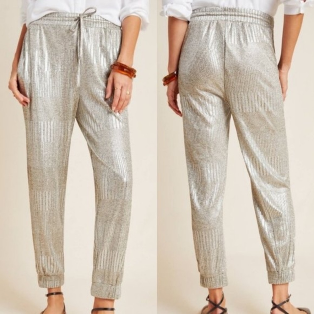 Anthropologie Silver Metallic Drawstring Joggers